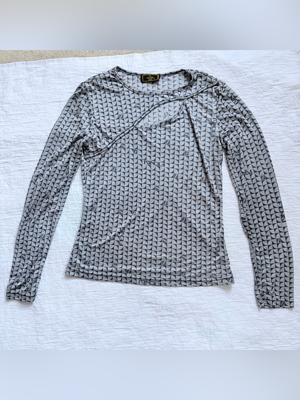 Fendi Mare Gray FF Monogram Asymmetric Cutout Long Sleeve Top IT 40 Italy